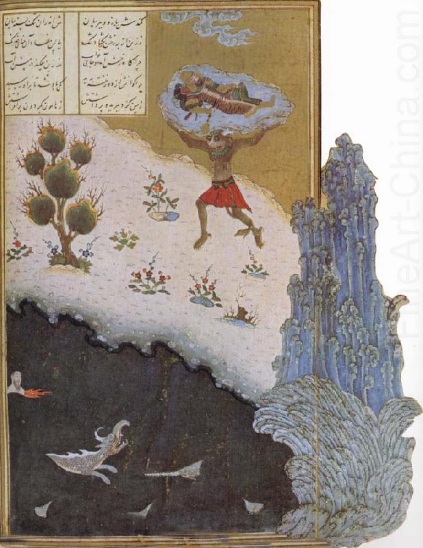 Akwan the demon casts the sleeping hero Rustam into the sea, unknow artist